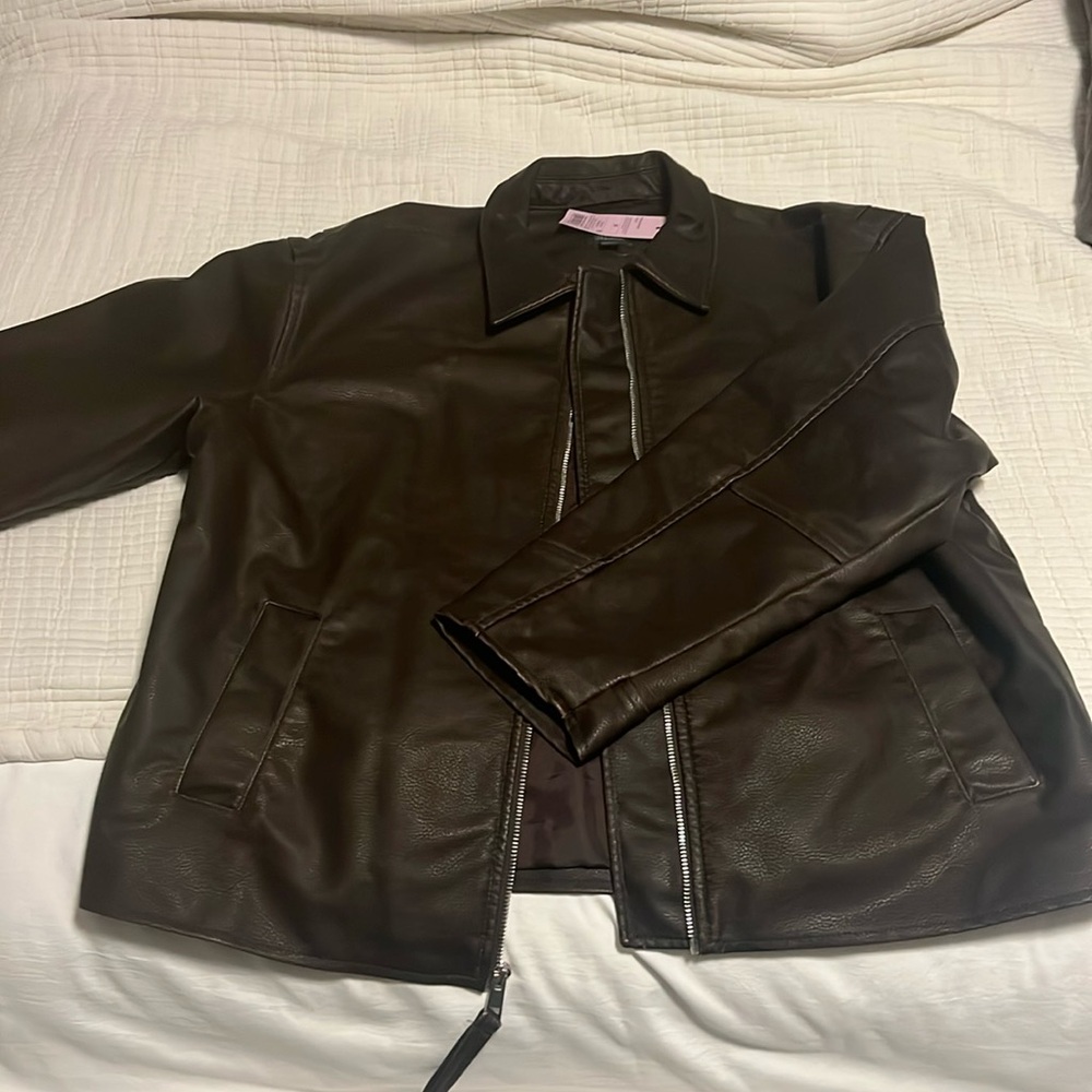 Wild fable dark brown oversized faux leather bomber jacket size Small